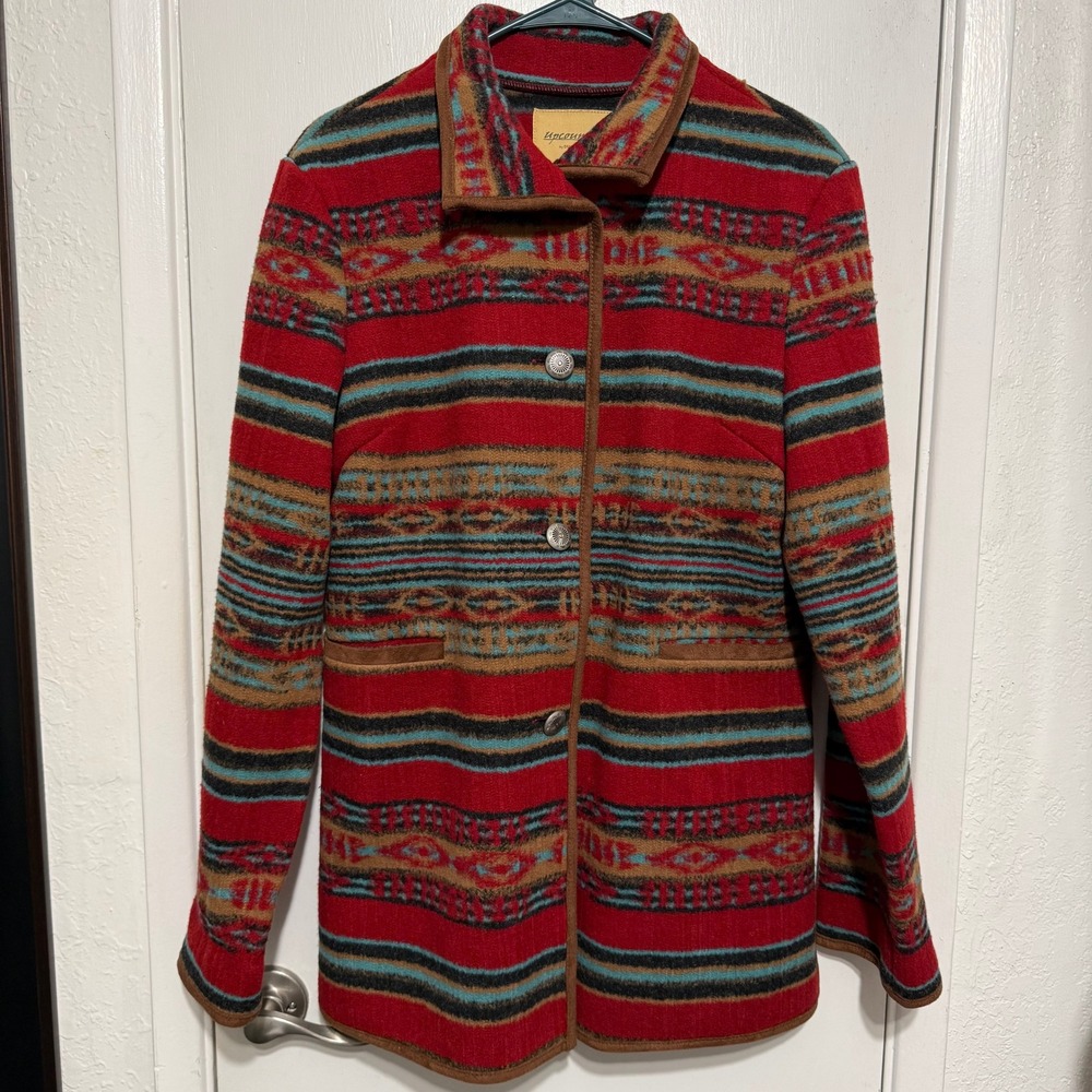 Upcountry by Du Monde Southwestern Fleece Jacket Red Tribal Concho Button Medium